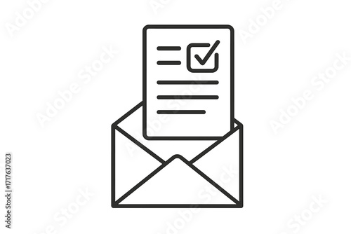 Vote by mail icon. Ballot paper in envelope. Election and democracy concept. Political choice or survey poll. Application form with checklist and checkmark approved. Vector line.