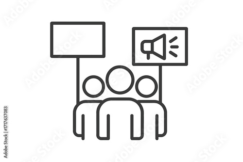 Crowd protest thin line icon. People at political rally with signs. Concept of demonstration, activism, and social movement. Vector illustration for community engagement, human rights.