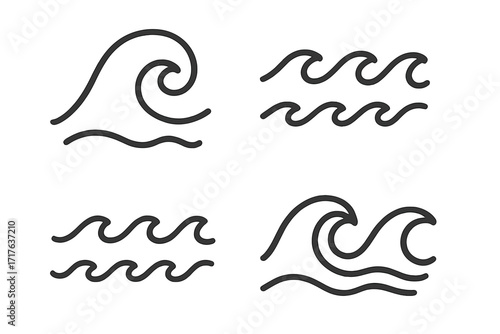 Set of stylish wave icons in line style, water symbols with transparent background, vector cartoon illustrations, fluid ocean waves, sea elements, ordered collection of water graphics for design