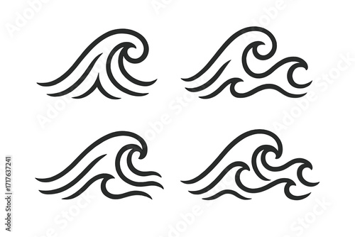 Set of linear wave icons, water symbols with fluid motion, ocean wave vector illustrations in black, transparent background, dynamic water elements collection