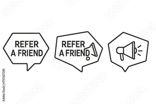 Refer a friend vector icon set. Minimalist speech bubbles with megaphone for promotion and announcement. Geometric line art for referral marketing program and affiliate business.