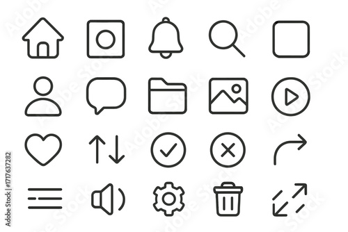 Set of minimalist web and app interface icons in line style, vector cartoon illustration with transparent background, ordered user interface icons collection for digital design and development