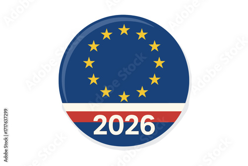 Vote 2026 European parliamentary election vector badge. EU flag button pin on Serbian flag background. Political campaign symbol. Referendum choice illustration for democracy.