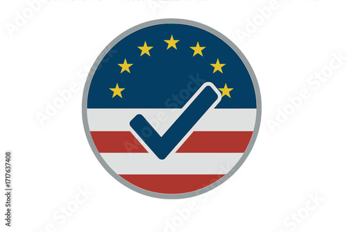 European election and USA vote concept. Check mark on a badge with EU and American flag. Symbol for transatlantic alliance, political partnership, foreign relations, and democracy.