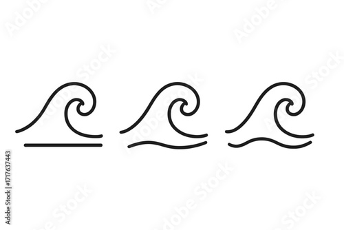 Linear wave icon set, water symbol vector, ocean wave illustration, simple line art, sea water movement, coastal wave design, transparent background, minimal style, nautical elements