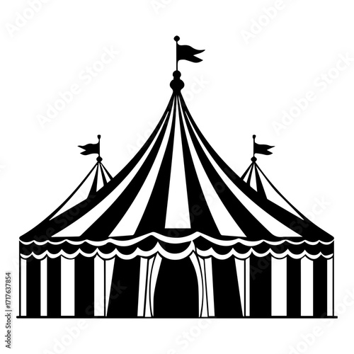 Illustration of a black and white striped circus tent with flags on top against a white background scene