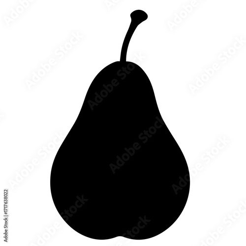 Silhouette of a single pear fruit with a stem isolated on a white background in a simple design style