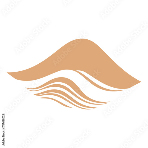 Abstract tan shape with curved lines resembling waves or sand dunes on a white background design art