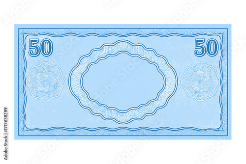 Blue 50 value voucher template with intricate guilloche pattern, watermark security elements, decorative border design, gift voucher, coupon, diploma, currency note design, secure money background