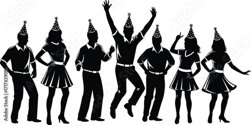 Black silhouette illustration of dancing party guests in hats, vector design for celebration, birthday, or festive lifestyle themes