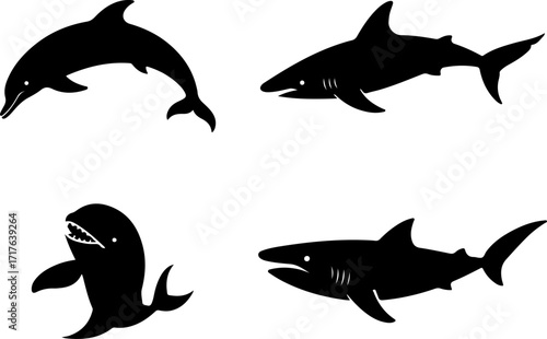"Shark and Dolphin Silhouette Vector Collection"

"Marine Life Silhouettes Bundle – Sharks, Dolphin, Fish"

"Ocean Creatures Black Silhouette Vector Set"