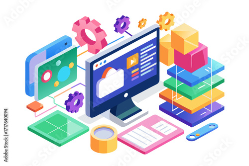 Creative 3D illustration showing software development, programming code windows, debugging tools, and colorful tech icons. Perfect for concepts related to coding, web development, app design, artifici