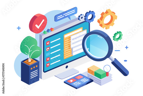 Creative 3D illustration showing software development, programming code windows, debugging tools, and colorful tech icons. Perfect for concepts related to coding, web development, app design, artifici