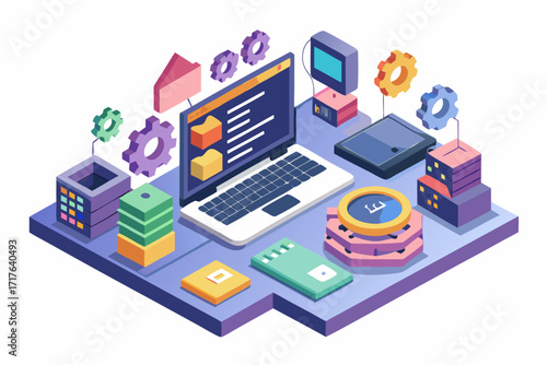 Creative 3D illustration showing software development, programming code windows, debugging tools, and colorful tech icons. Perfect for concepts related to coding, web development, app design, artifici