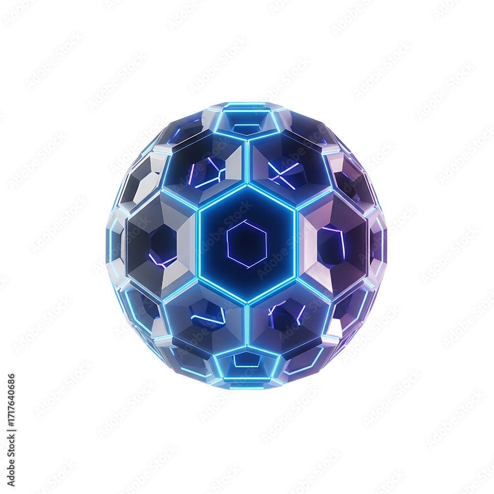 Naklejka premium Futuristic Geometric Sphere with Glowing Neon Lines. Abstract 3D Polygonal Object Representing Technology, Data, or AI, Rendered on Black.