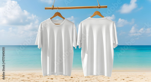 White Oversized Plain T-Shirt Mockup, Hanging on Hanger, Outdoor Beach Background, AI-Generated Image