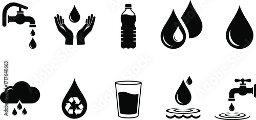 Set of 10 black and white water conservation icons including faucet, droplet, bottle, recycling, rain, vector illustration for eco themes