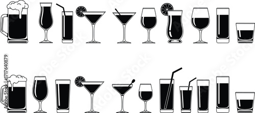 Set of 20 black and white drink icons with various glassware styles, cocktails, beer, wine, vector illustration for bar and menu