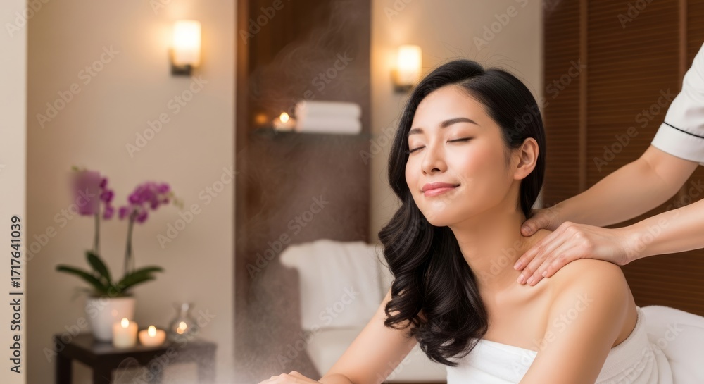 Naklejka premium Serene Spa Experience A Woman Enjoys a Relaxing Massage, Surrounded by Calm Atmosphere with Flowers and Candles