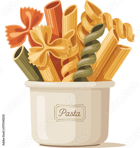 Isolated a kinds of deferent pasta in a pot vector art with white background.