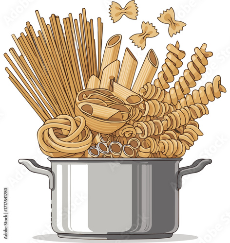 Isolated a kinds of deferent pasta in a pot vector art with white background.