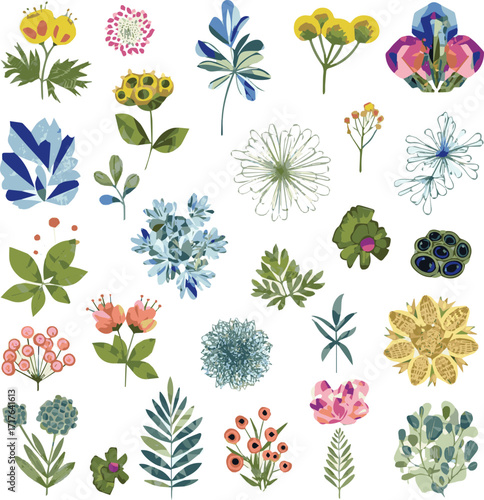 Isolated a kinds of deferent Abstract flower and plant background, texture and pattern vector art with white background..