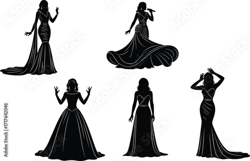 Set of five black silhouette illustrations of women in glamorous evening gowns, vector design for fashion, performance, or elegance themes