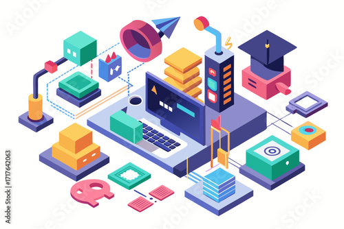 Creative 3D illustration showing software development, programming code windows, debugging tools, and colorful tech icons. Perfect for concepts related to coding, web development, app design, artifici