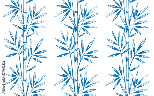 Elegant seamless pattern with blue ink drawing of bamboo stalks and leaves, a nature-inspired vector graphic design background for textiles and wallpaper
