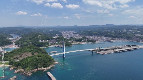 日本のドローン映像　島根県浜田市の港町とマリン大橋周辺の風景を上空から撮影した超ロングショット