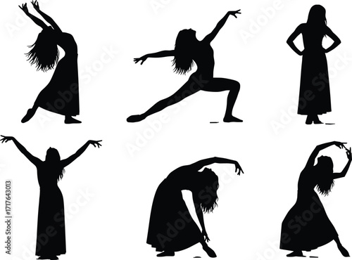 Set of six black silhouette illustrations of dancers in flowing garments and expressive poses, vector design for movement or performance themes