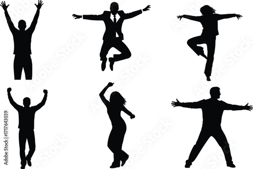 Set of six black silhouette illustrations of people in joyful and celebratory poses, vector design for dance, freedom, or excitement themes