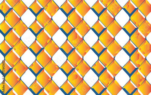 Vibrant geometric pattern of interlocking orange and yellow diamond shapes, highlighted by blue outlines, creating a dynamic and modern abstract background