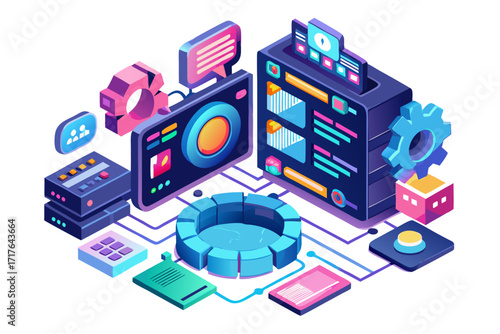 Creative 3D illustration showing software development, programming code windows, debugging tools, and colorful tech icons. Perfect for concepts related to coding, web development, app design, artifici