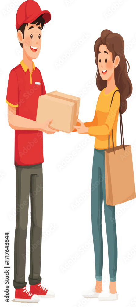 Fototapeta premium a young delivery person in a cap and uniform hands a package to a woman customer, isolated on a white background
