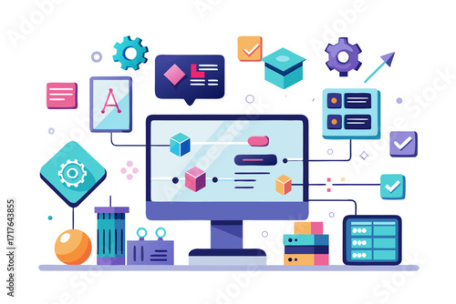 Creative 3D illustration showing software development, programming code windows, debugging tools, and colorful tech icons. Perfect for concepts related to coding, web development, app design, artifici