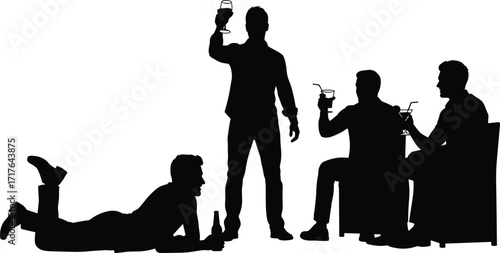 Silhouette of four people drinking and relaxing in various poses, black vector illustration of social scene, celebration, and leisure