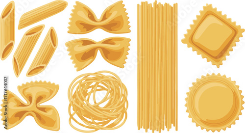Create a kinds of deferent pasta vector art with white background.
