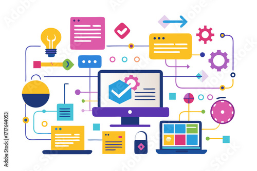 Creative 3D illustration showing software development, programming code windows, debugging tools, and colorful tech icons. Perfect for concepts related to coding, web development, app design, artifici