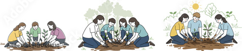 Group of diverse people planting trees together in a hand-drawn style  
