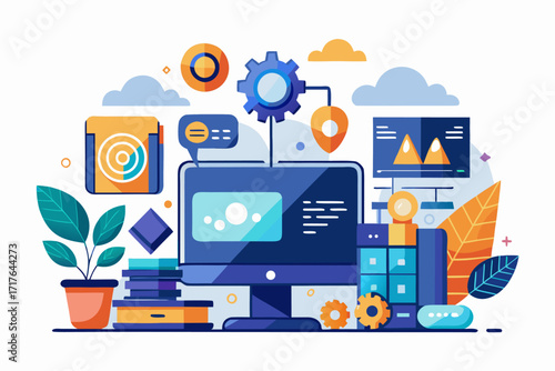 Creative 3D illustration showing software development, programming code windows, debugging tools, and colorful tech icons. Perfect for concepts related to coding, web development, app design, artifici