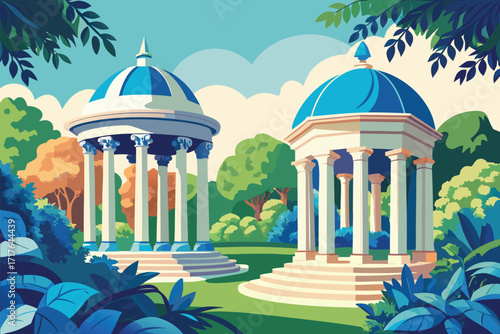 Scenic Park View Featuring Two Classic Pavilions Amid Lush Green Foliage & Blue Sky