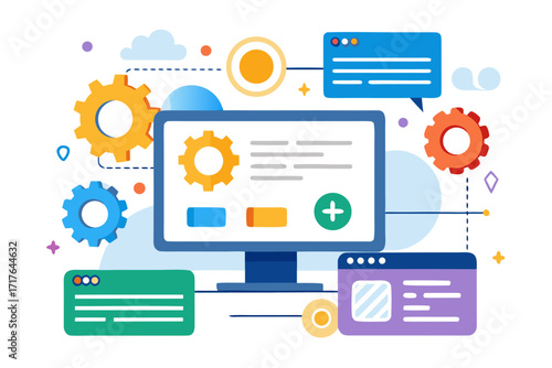Creative 3D illustration showing software development, programming code windows, debugging tools, and colorful tech icons. Perfect for concepts related to coding, web development, app design, artifici