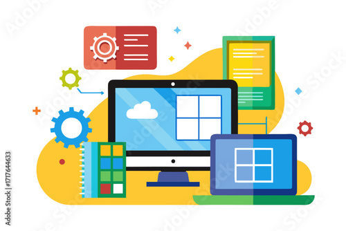 Creative 3D illustration showing software development, programming code windows, debugging tools, and colorful tech icons. Perfect for concepts related to coding, web development, app design, artifici