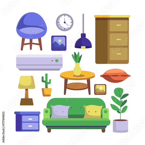 Collection of modern living room furniture and home decor icons concept