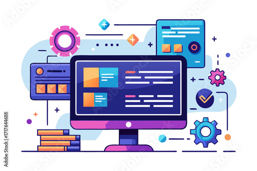 Creative 3D illustration showing software development, programming code windows, debugging tools, and colorful tech icons. Perfect for concepts related to coding, web development, app design, artifici