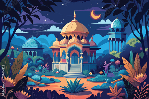 Serene Nightscape, Mughal Architecture, Golden Dome, Ornamental Garden, Moonlight, Stars