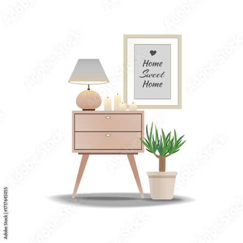 Cozy Home Decor with Table Lamp, Plant, and Wall Art Composition