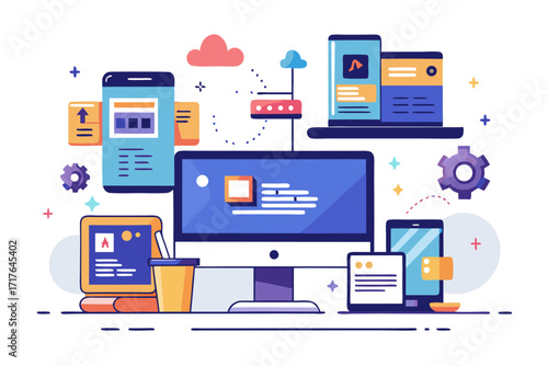 Creative 3D illustration showing software development, programming code windows, debugging tools, and colorful tech icons. Perfect for concepts related to coding, web development, app design, artifici