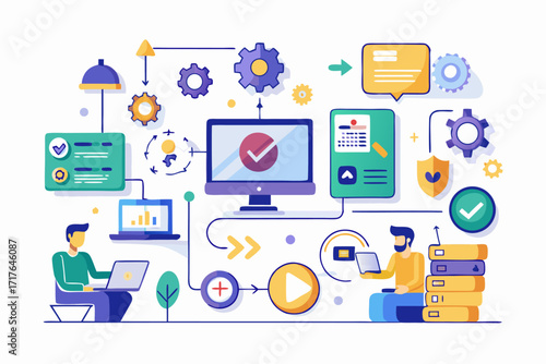 Creative 3D illustration showing software development, programming code windows, debugging tools, and colorful tech icons. Perfect for concepts related to coding, web development, app design, artifici